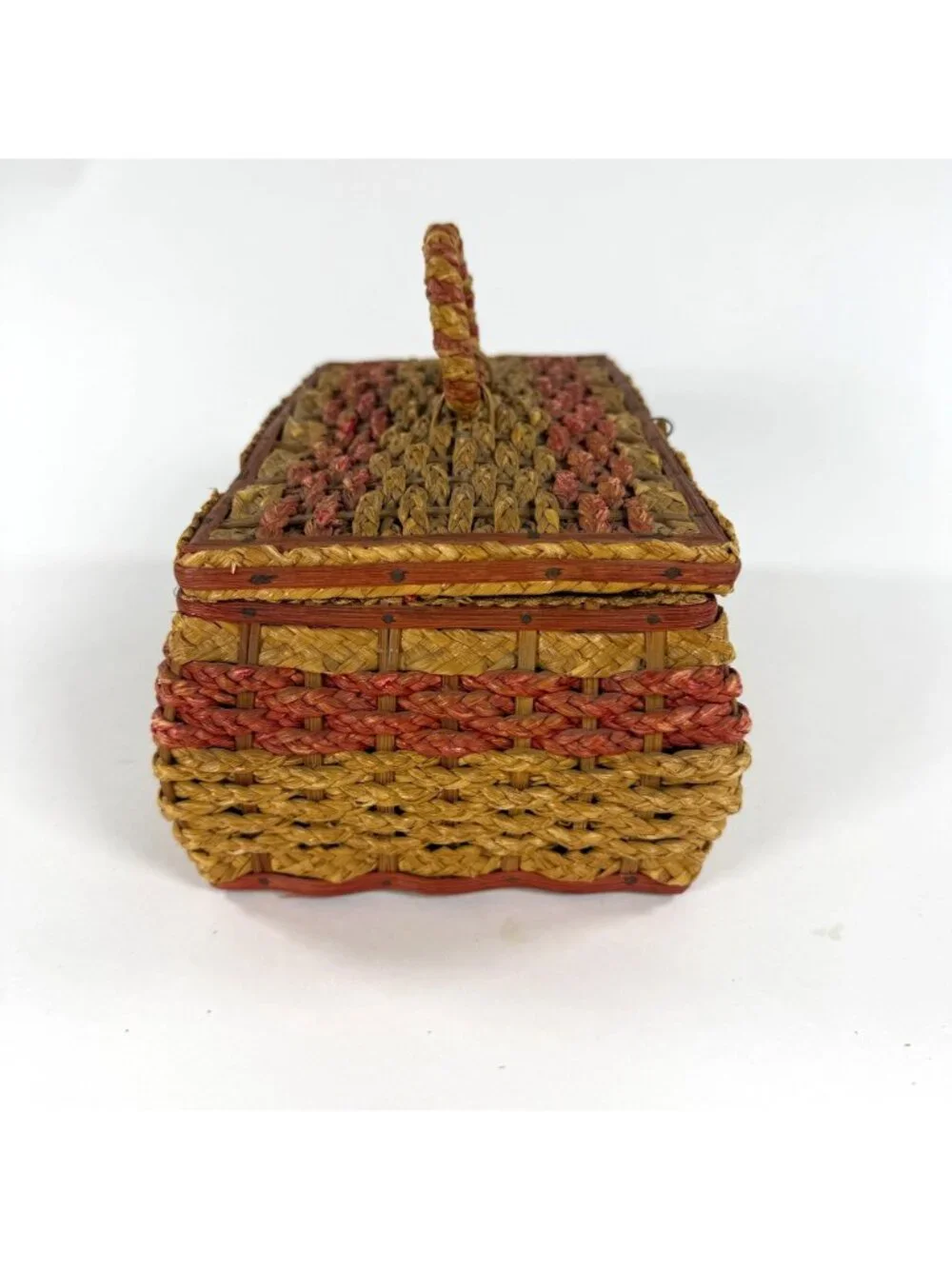 1960's Sewing Basket Braided Vintage Woven Sisal & Wicker Wood Base 10 x 6 x 4.5